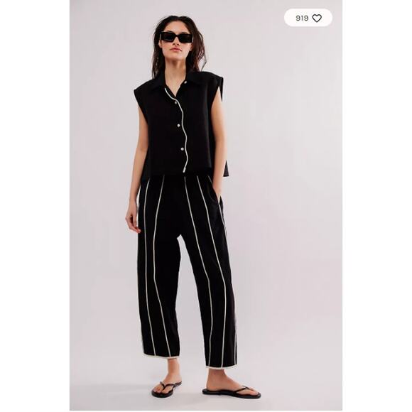 Rujuta Sheth Pants Women XXL Etta Wide Leg Crop Black Linen Blend Quiet Luxury - Picture 1 of 15